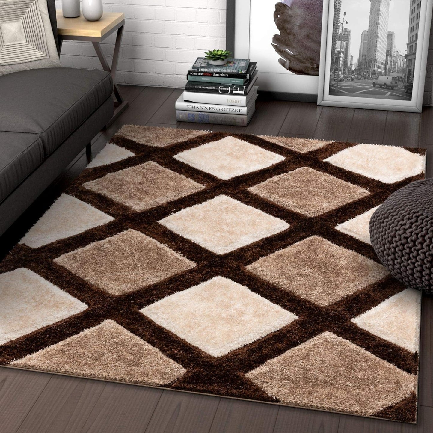 Modern Geometric Brown & Beige Shag Area Rug