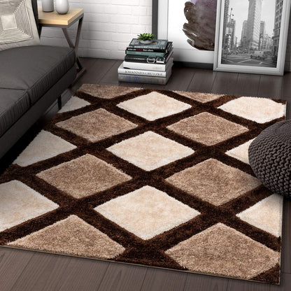 Modern Geometric Brown & Beige Shag Area Rug