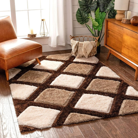 Modern Geometric Brown & Beige Shag Area Rug