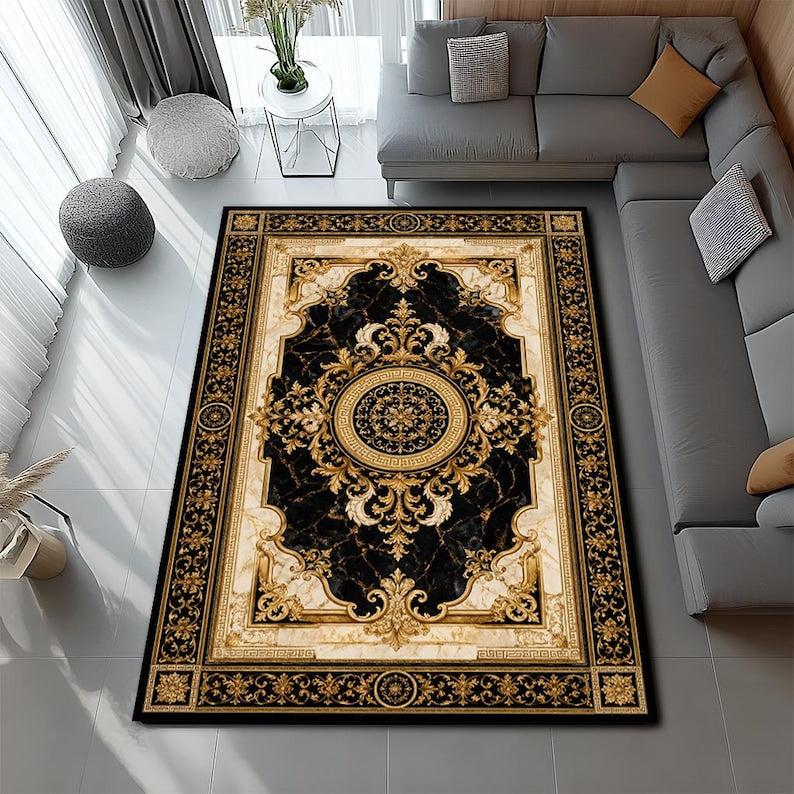 Luxury Baroque Marble Rug | Washable Non-Slip Area Rug
